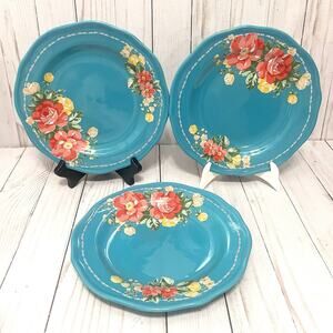 Pioneer Woman Salad Plates 8.5" Vintage Garden Floral Teal Stoneware Set Of 3